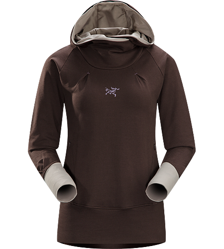 Detente Hoody Women's Casual hooded pullover with wide, flattering, a lined hood, wrap-around collar and thumbholes in sleeves.