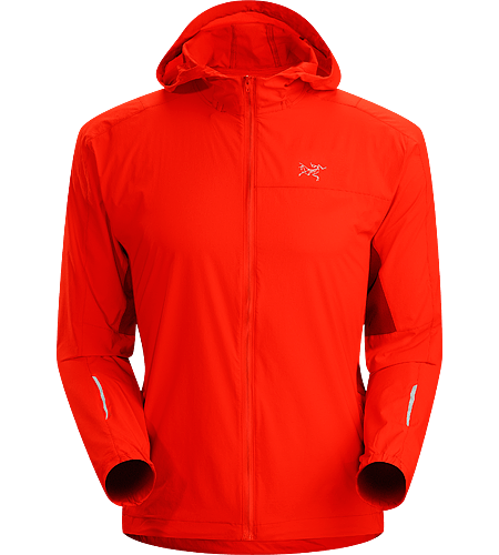 Incendo Hoody Men's Trim-fitting, minimalist running jacket with hood, constructed with water-resistant fabric in the body and sleeves. Ideal for high output activities