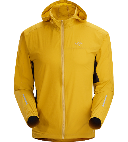 Incendo Hoody Men's Trim-fitting, minimalist running jacket with hood, constructed with water-resistant fabric in the body and sleeves. Ideal for high output activities
