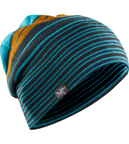 Rolling Stripe Hat Longer length wool/acrylic blend beanie with bold lateral stripes and a roll up brim
