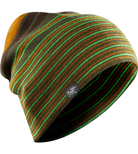 Rolling Stripe Hat Longer length wool/acrylic blend beanie with bold lateral stripes and a roll up brim