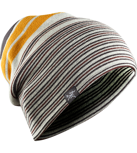 Rolling Stripe Hat Longer length wool/acrylic blend beanie with bold lateral stripes and a roll up brim