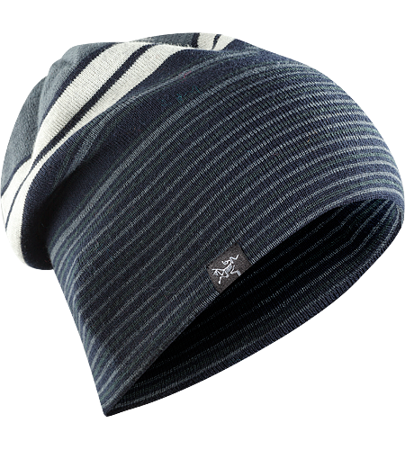Rolling Stripe Hat Longer length wool/acrylic blend beanie with bold lateral stripes and a roll up brim