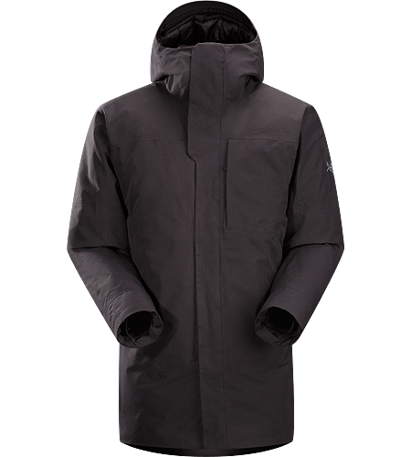 Therme Parka Men's Waterproof/windproof GORE-TEX® insulated three-quarter length hooded parka with down insulation.