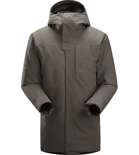 Therme Parka Men's Waterproof/windproof GORE-TEX® insulated three-quarter length hooded parka with down insulation.