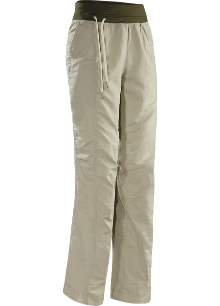 Roxen Pant Women's Lightweight, breathable, relaxed fit cotton/linen pant with a wide, comfortable fold-over waistband with drawcord, and elastic drawcord in the pant cuffs. Ideal for casual urban use in hot weather, or while travelling.