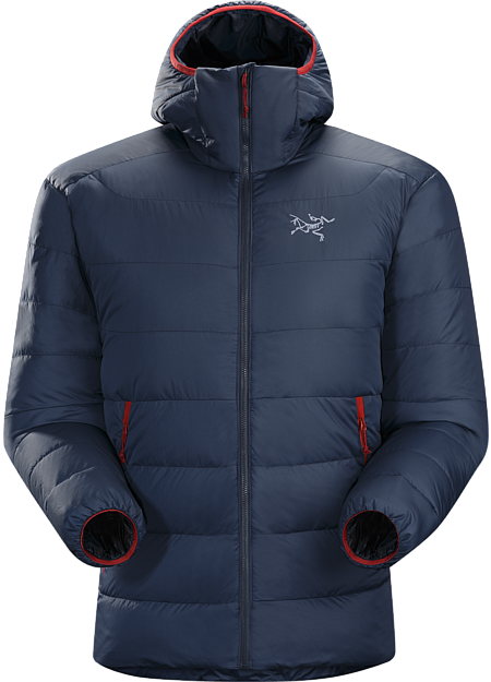 Thorium SV Hoody Men's Very warm, thigh length, box wall constructed 750 fill grey goose down hoody with a light, durable Arato™ 40 face fabric. Down Series: Down insulated garments | SV: Severe Weather.