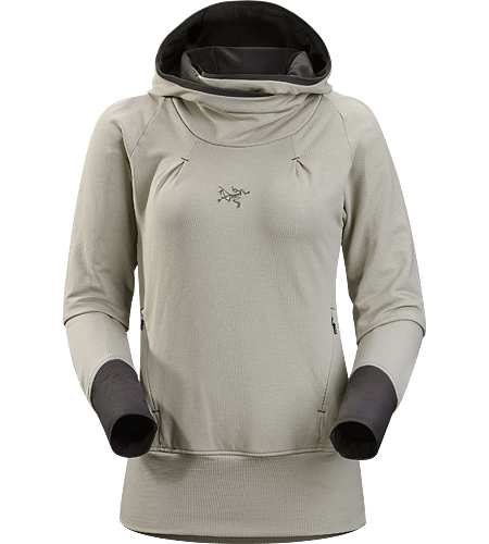 Detente Hoody Women's Relaxed fit, pullover style hoody with a high waistline that sits comfortably under a climbing harness, a lined hood, wrap-around collar and thumbholes in sleeves.