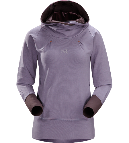Detente Hoody Women's Relaxed fit, pullover style hoody with a high waistline that sits comfortably under a climbing harness, a lined hood, wrap-around collar and thumbholes in sleeves.