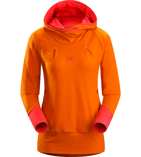 Detente Hoody Women's Relaxed fit, pullover style hoody with a high waistline that sits comfortably under a climbing harness, a lined hood, wrap-around collar and thumbholes in sleeves.