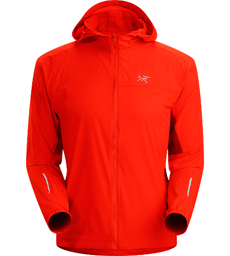 Incendo Hoody Men's Trim-fitting, minimalist running jacket with hood, constructed with water-resistant fabric in the body and sleeves. Ideal for high output activities