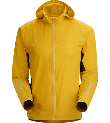 Incendo Hoody Men's Trim-fitting, minimalist running jacket with hood, constructed with water-resistant fabric in the body and sleeves. Ideal for high output activities