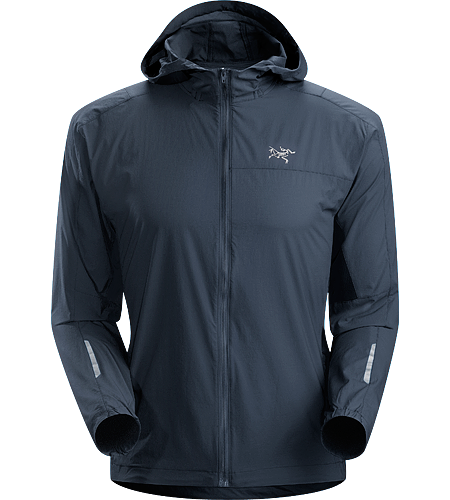 Incendo Hoody Men's Trim-fitting, minimalist running jacket with hood, constructed with water-resistant fabric in the body and sleeves. Ideal for high output activities