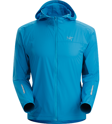 Incendo Hoody Men's Trim-fitting, minimalist running jacket with hood, constructed with water-resistant fabric in the body and sleeves. Ideal for high output activities
