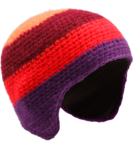 Isoclese Hat Women's Wool/acrylic blend, knitted toque with ear flaps, bold chunky stripes and a micro fleece underband