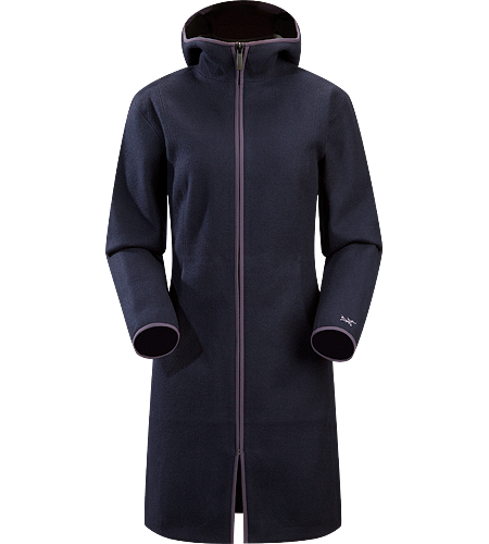 Lanea Long Coat Women's Women's specific, long coat with hood, constructed using a woven wool exterior textile bonded to a light brushed fleece backer for added warmth and comfort. Ideal as a casual yet stylish urban coat for cold winter conditions