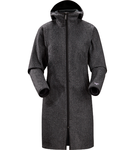 Lanea Long Coat Women's Women's specific, long coat with hood, constructed using a woven wool exterior textile bonded to a light brushed fleece backer for added warmth and comfort. Ideal as a casual yet stylish urban coat for cold winter conditions