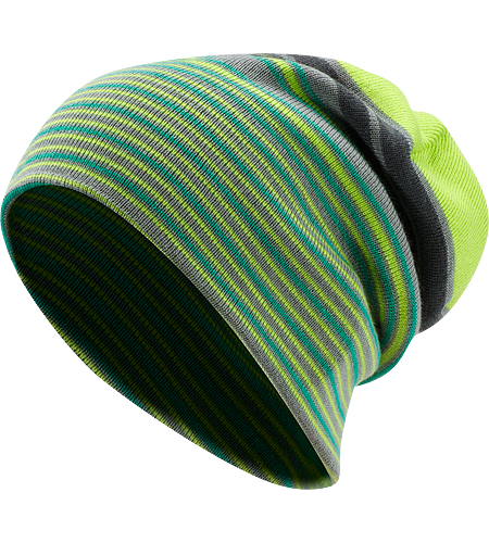 Rolling Stripe Hat Longer length wool/acrylic blend beanie with bold lateral stripes and a roll up brim