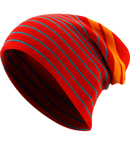 Rolling Stripe Hat Longer length wool/acrylic blend beanie with bold lateral stripes and a roll up brim