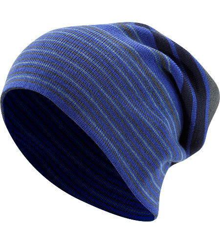 Rolling Stripe Bonnet Bonnet long en mélange laine/acrylique avec rayures latérales de couleurs vives et un bord à enrouler.