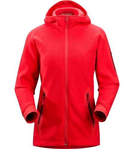 Strato Hoody Women's Insulated, breathable snowsports hoody with a laminated hood brim, designed as a layering piece.