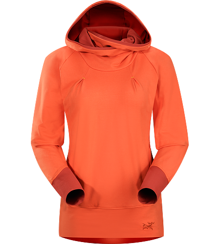 Detente Hoody Women's Casual hooded pullover with wide, flattering, a lined hood, wrap-around collar and thumbholes in sleeves.
