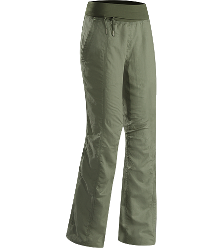 Roxen Pant Women's Lightweight, breathable, relaxed fit cotton/linen pant with a wide, comfortable fold-over waistband with drawcord, and elastic drawcord in the pant cuffs. Ideal for casual urban use in hot weather, or while travelling.