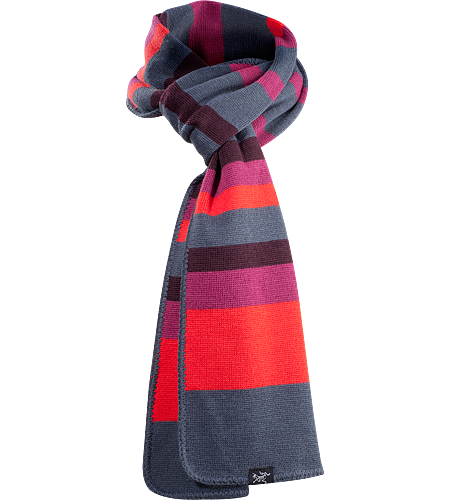 Stroyer Scarf Finely knit, wool/acrylic blend scarf with brightly coloured horizontal stripes and blanket stitched edge