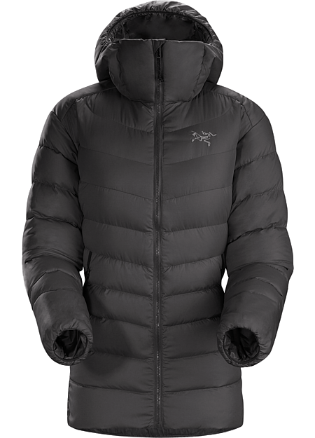 Thorium SV Hoody Women's Women’s very warm, thigh length, box wall constructed 750 fill grey goose down hoody with a light, durable Arato™ 40 face fabric. Down Series: Down insulated garments | SV: Severe Weather.